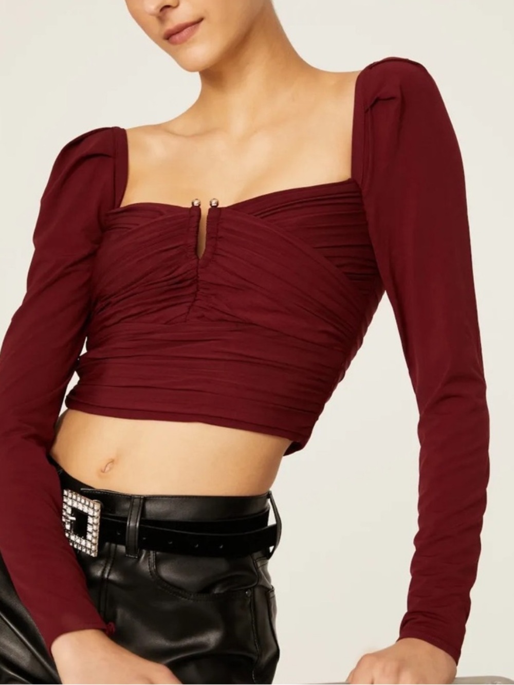 Self-Portrait Blouse Jersey Gathered Long Sleeve Top in Red Burgundy